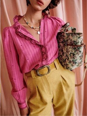 Sézane Mathilda Shirt Pink Lace Ruffle Collar Button Down 46 / XL